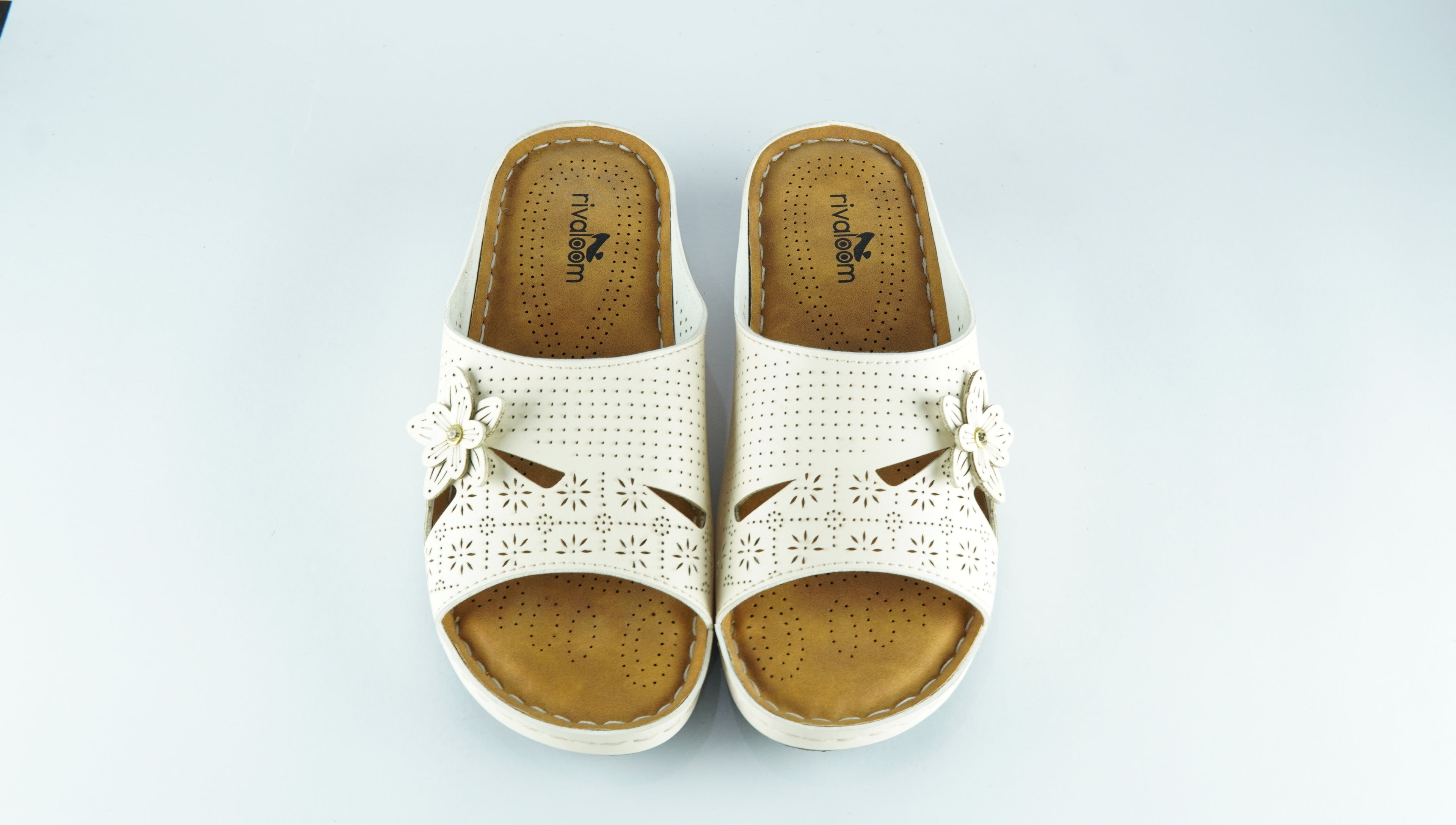 Rivaloom Women’s Off white Floral Laser-Cut Open Toe Flats