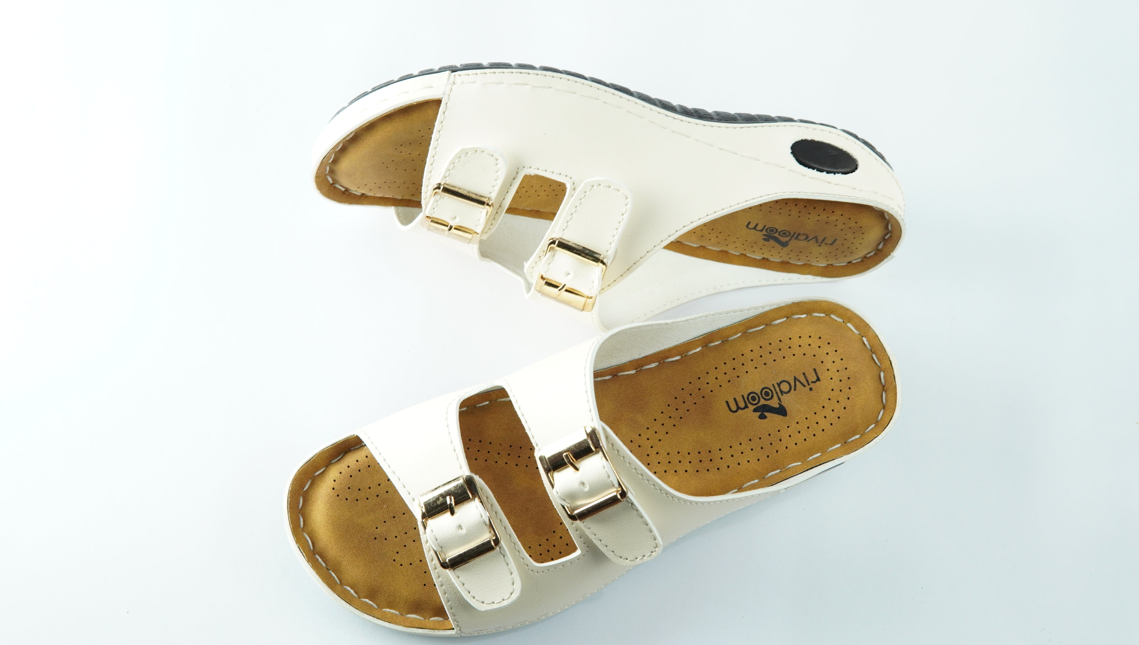 Rivaloom Women’s Stylish White Double Buckle Flats