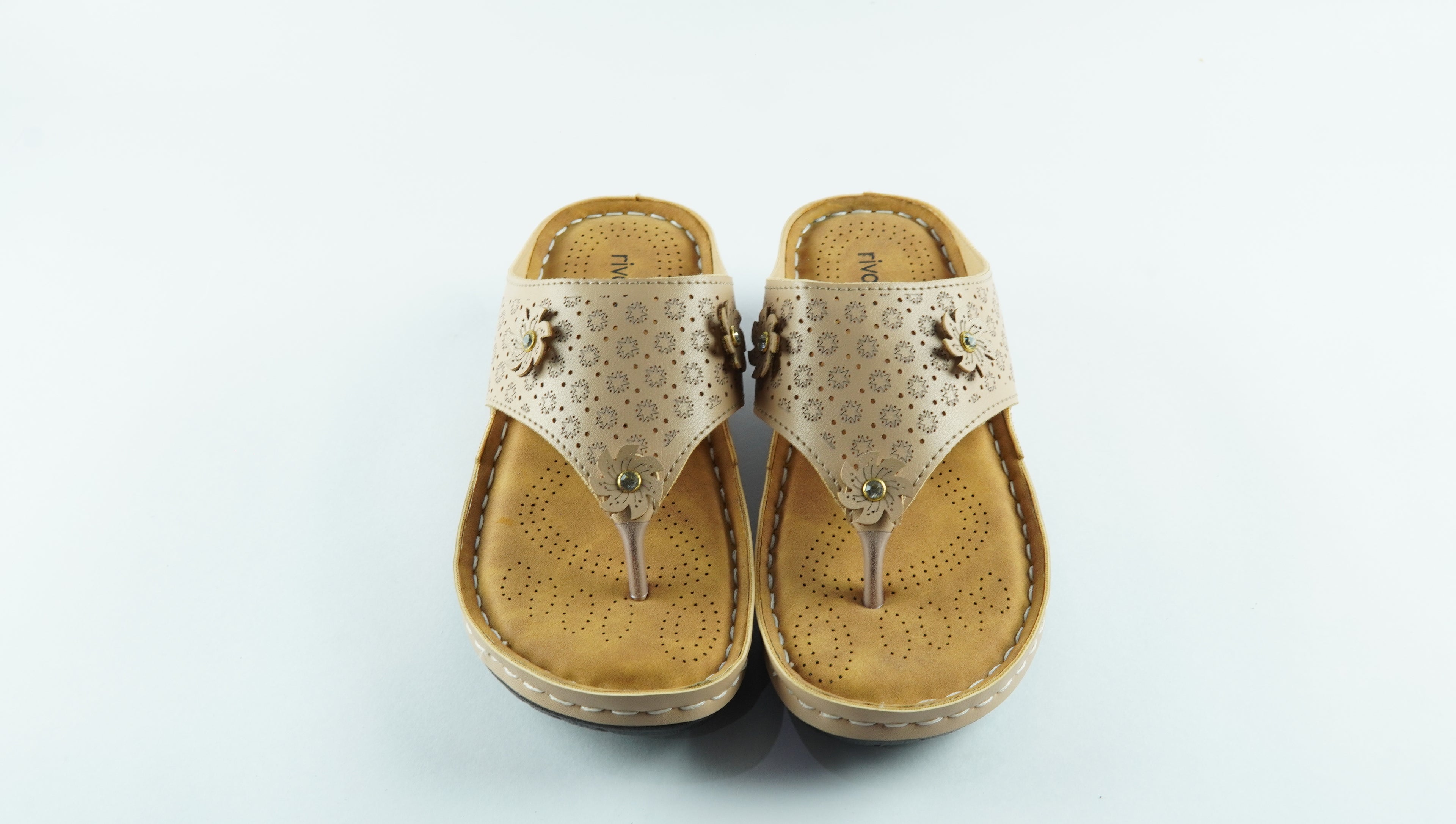 Rivaloom Beige Floral Embellished Comfort Flats With Laser Cuts