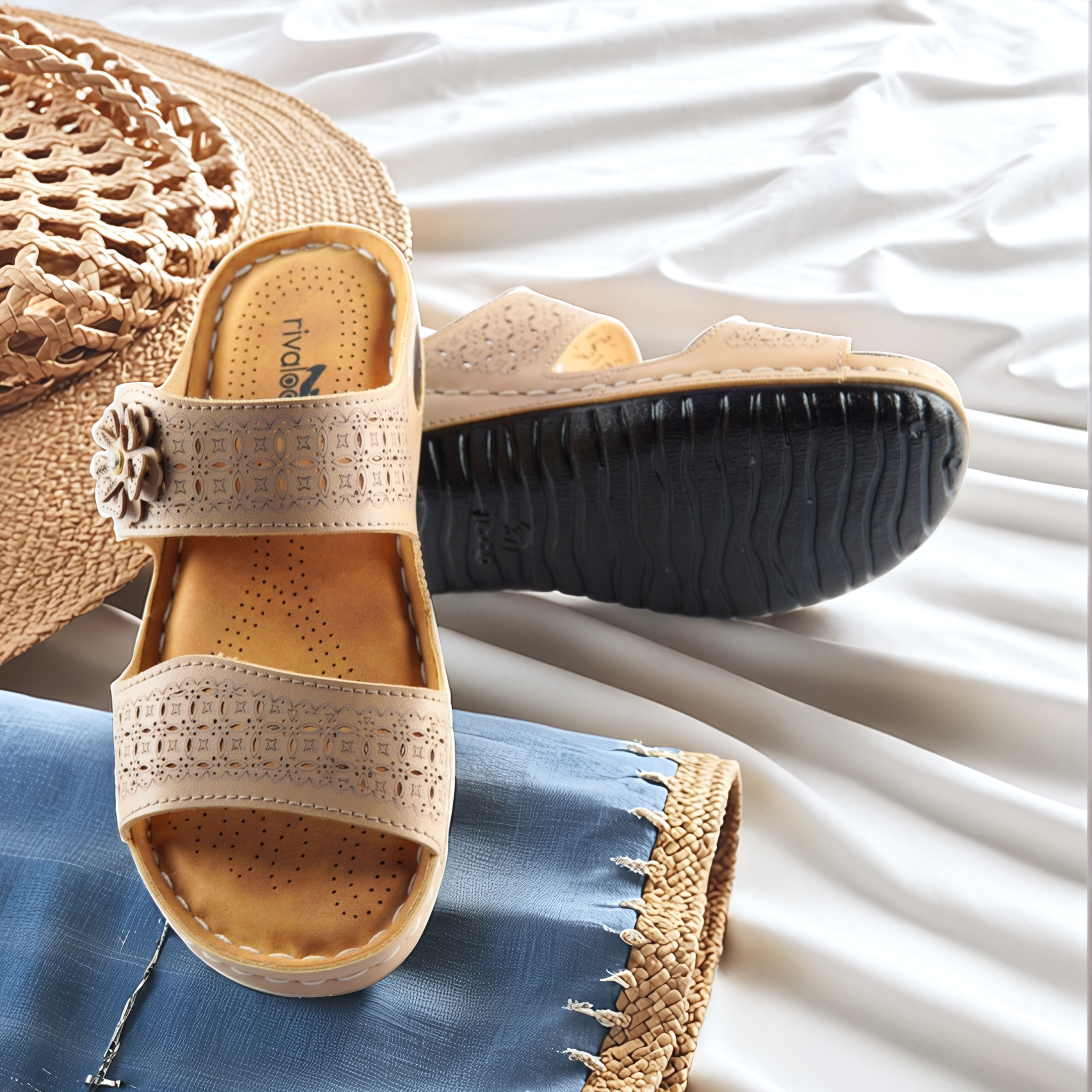 Rivaloom Women’s Casual Beige Double Strap Flats with Laser Cuts