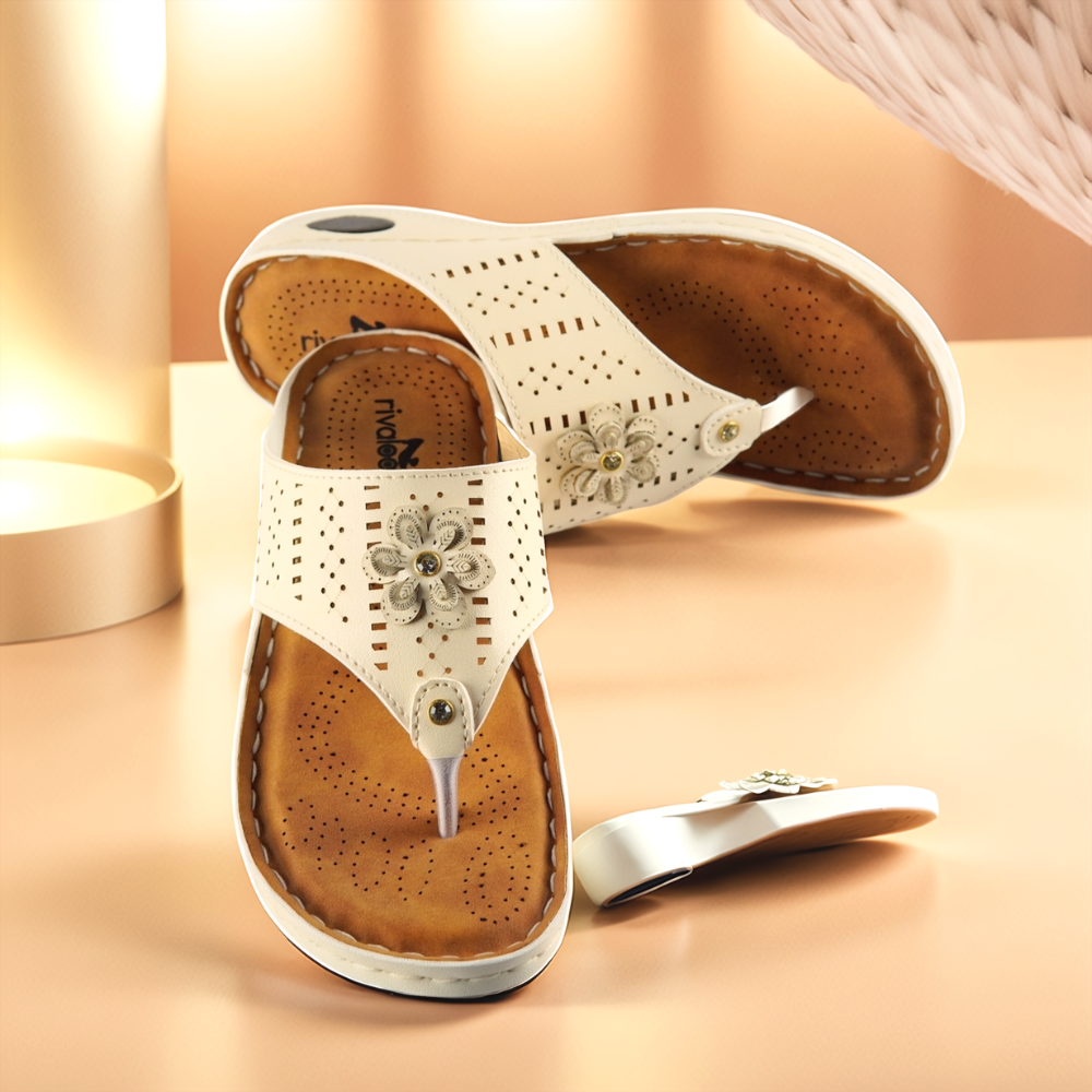 Rivaloom Stylish Off White Laser Cuts Open Toe Flats