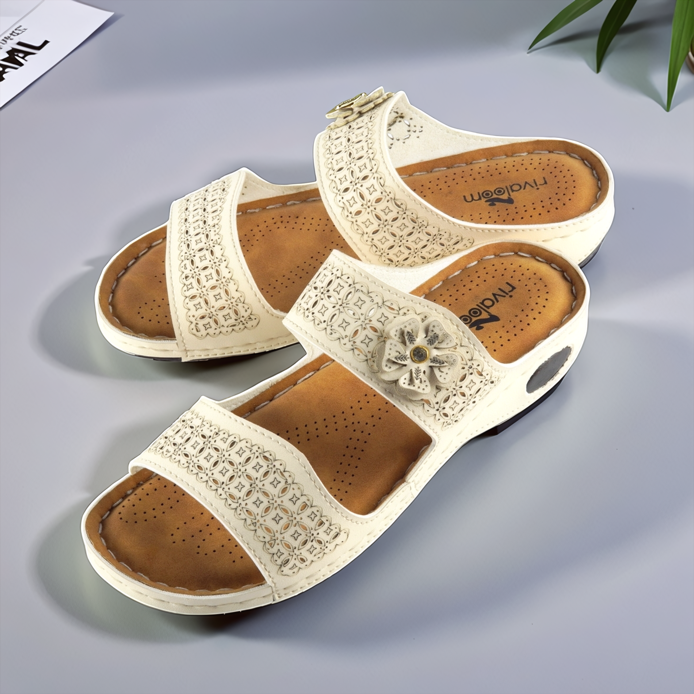 Rivaloom Women’s Casual White Double Strap Flats with Laser Cuts