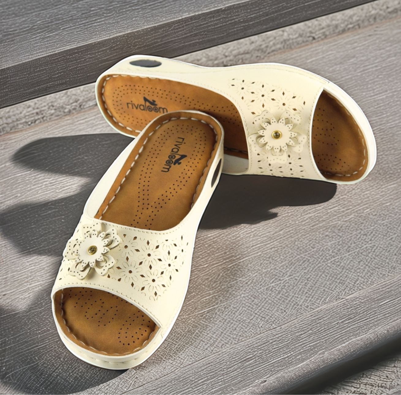 Rivaloom Stylish Comfort Off white Slippers with Flower Design