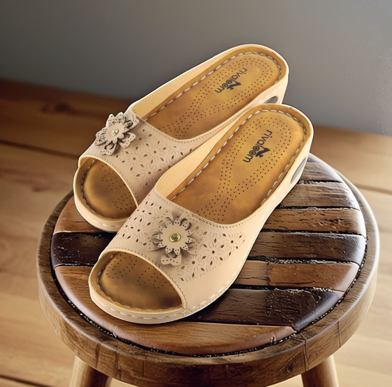 Rivaloom Stylish Comfort Beige Slippers with Flower Design