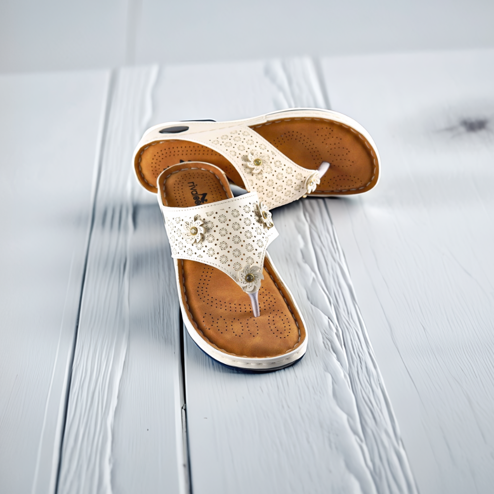 Rivaloom Off white Floral Embellished Comfort Flats With Laser Cuts