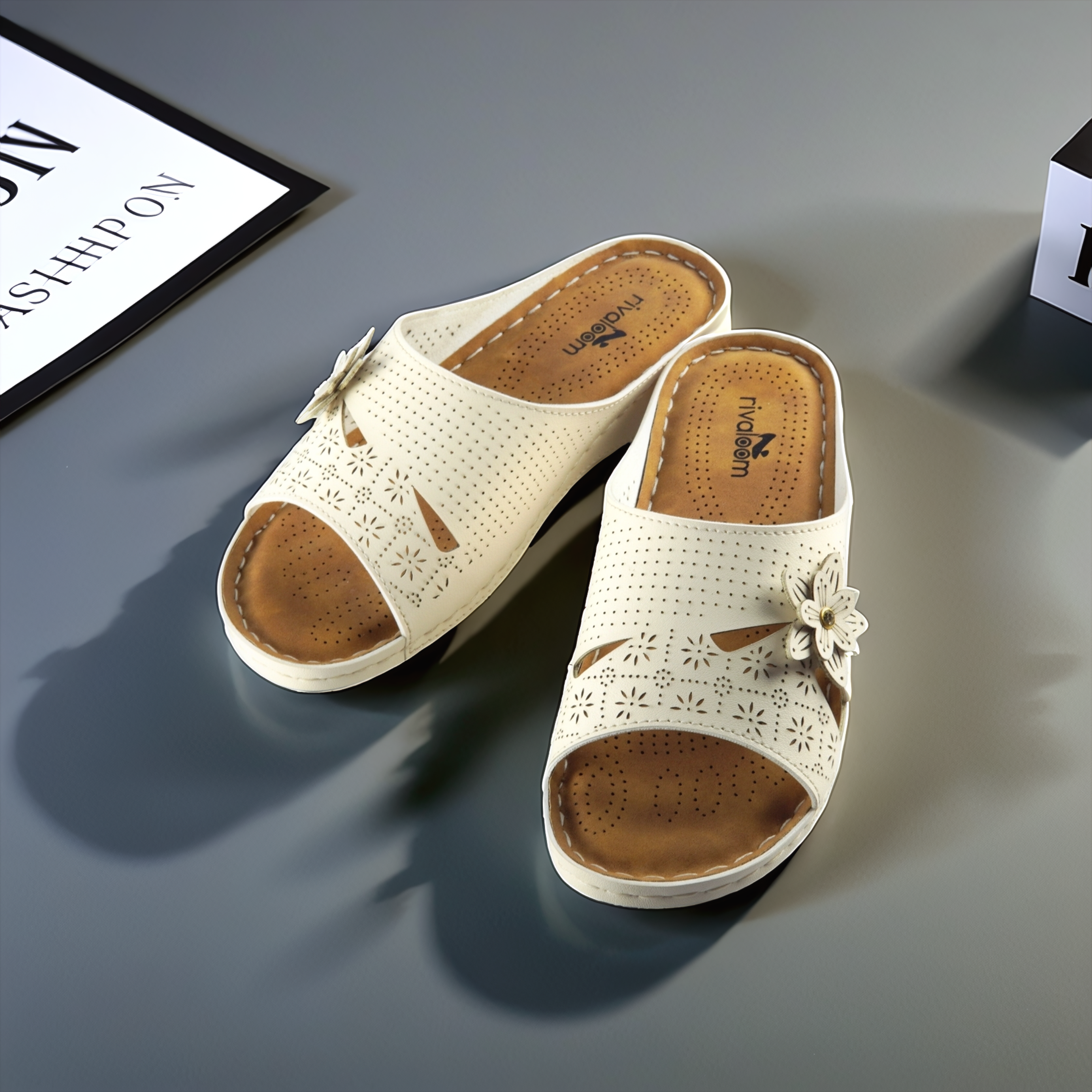 Rivaloom Women’s Off white Floral Laser-Cut Open Toe Flats