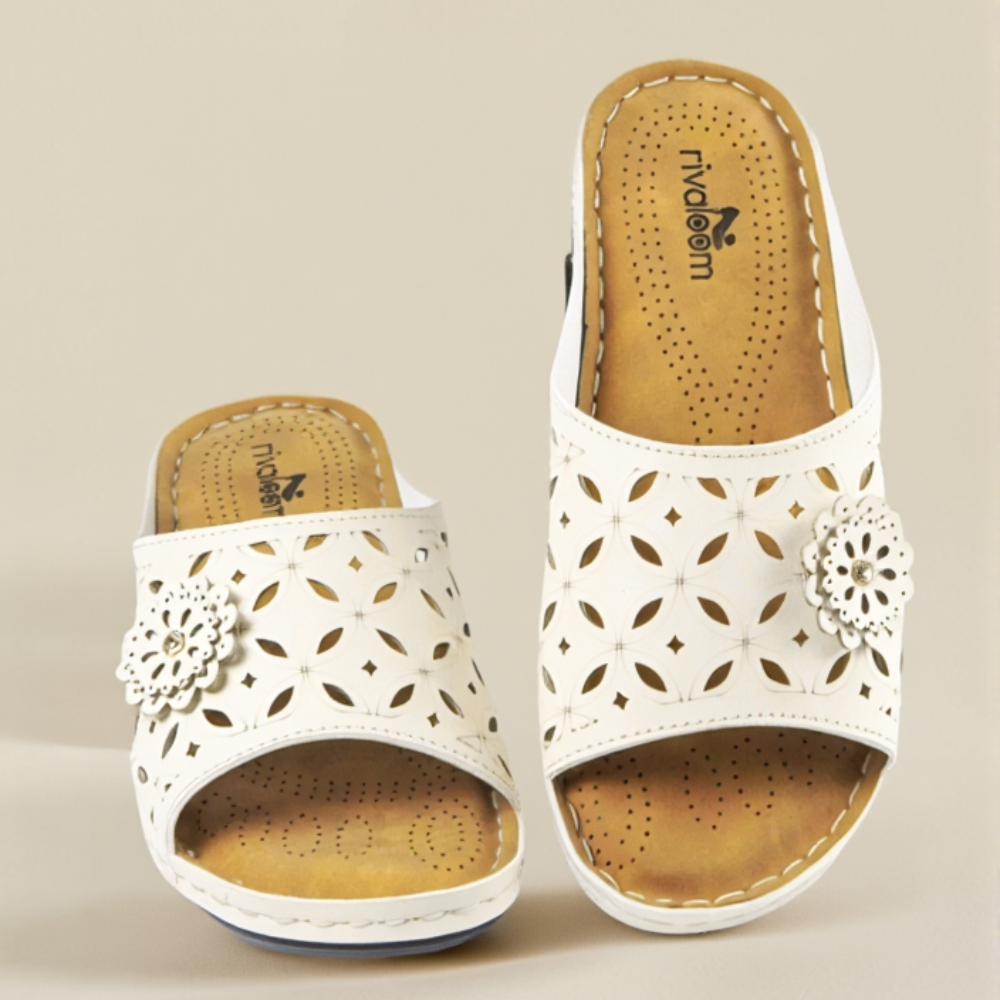 Rivaloom Women’s Stylish White Cutwork Slip-On Slippers | Comfortable Soft Sole Daily Wear Footwear | Fancy Floral Design Casual Slides
