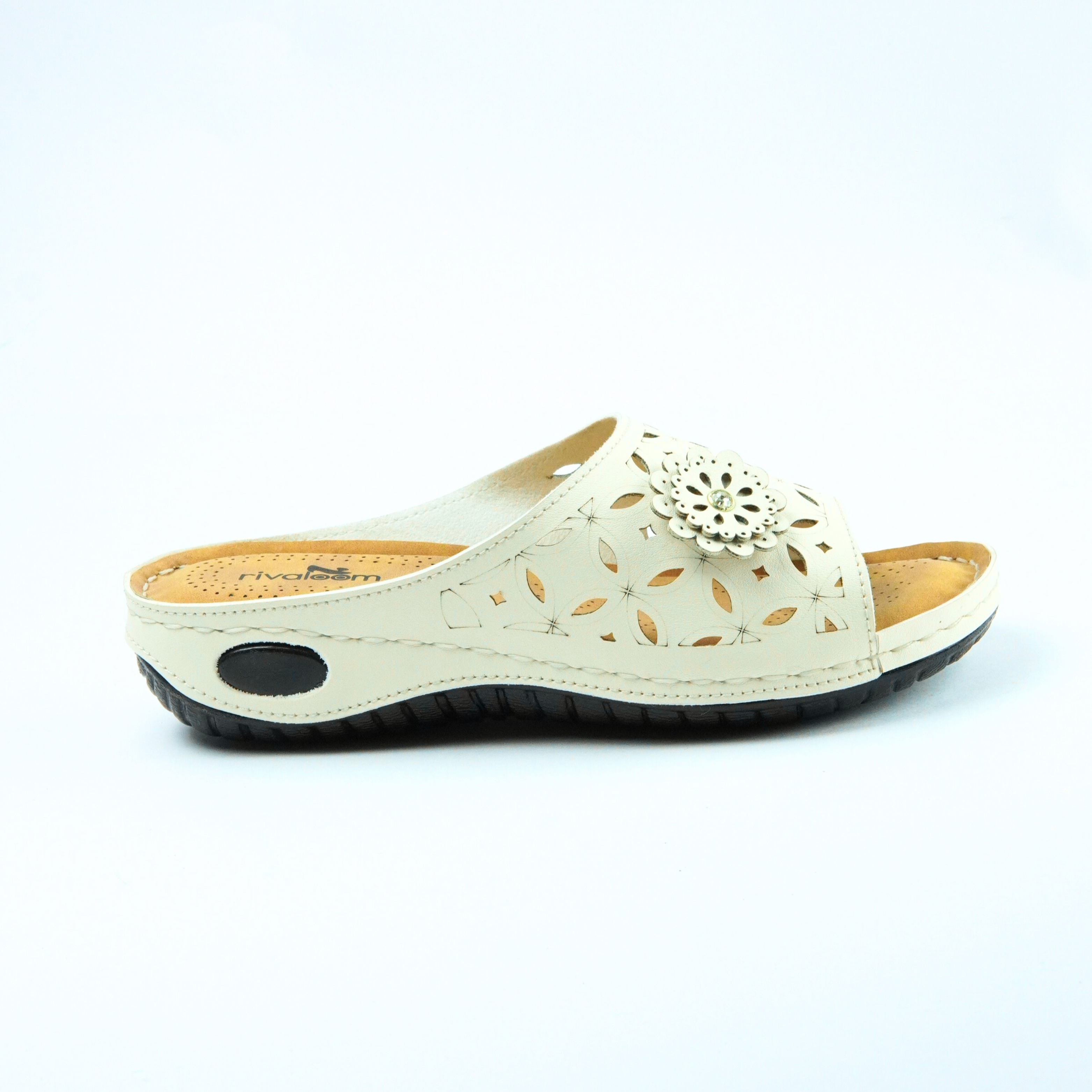 Rivaloom Women’s Stylish White Cutwork Slip-On Slippers | Comfortable Soft Sole Daily Wear Footwear | Fancy Floral Design Casual Slides